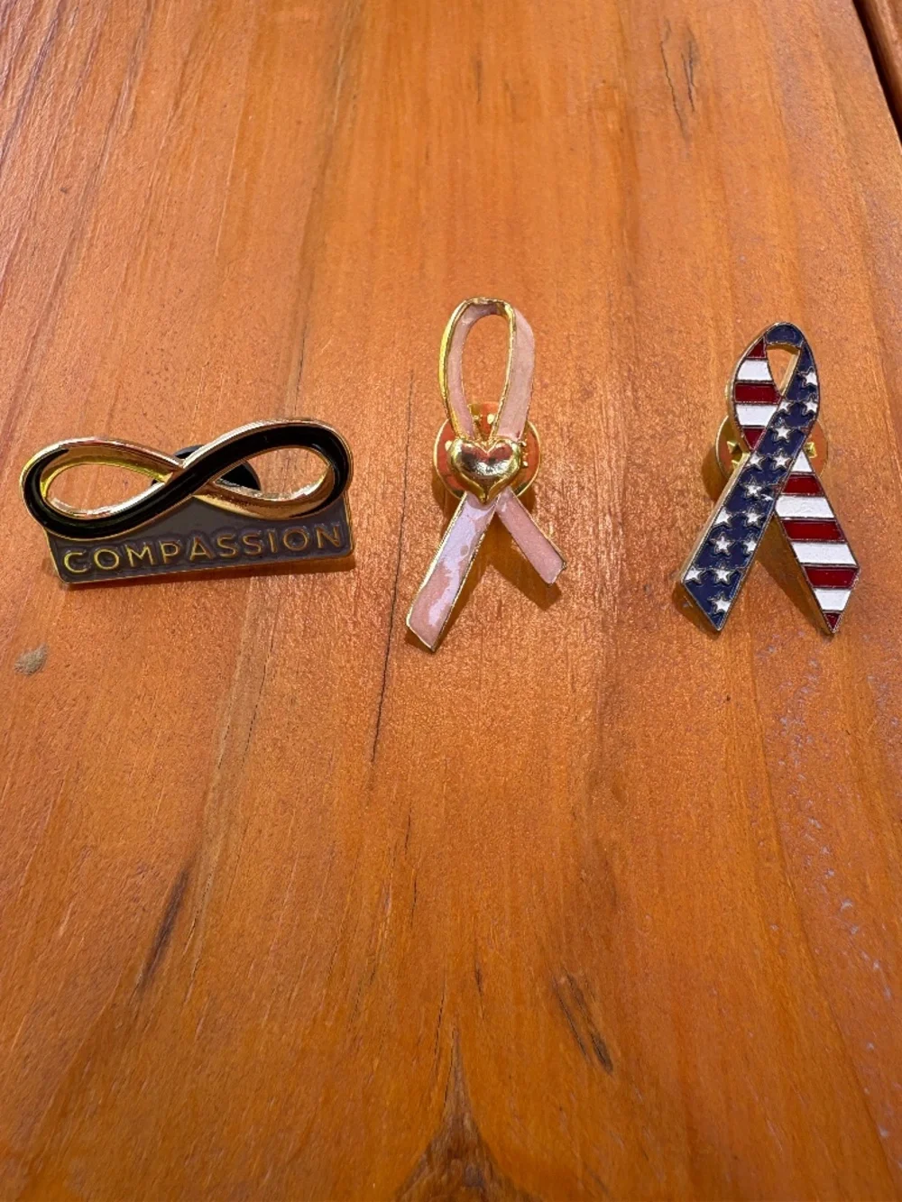 3 Ribbon Pins, Avon Breast Cancer Awareness, Compassion, American Flag